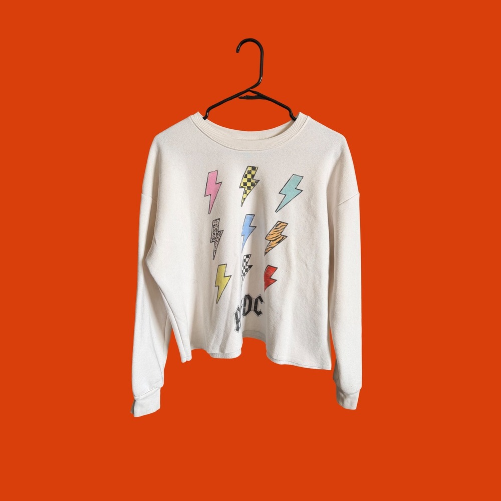 AC/DC Lightning Bolt Graphic Cropped Sweatshirt Cream Womens Small Boxy Fit